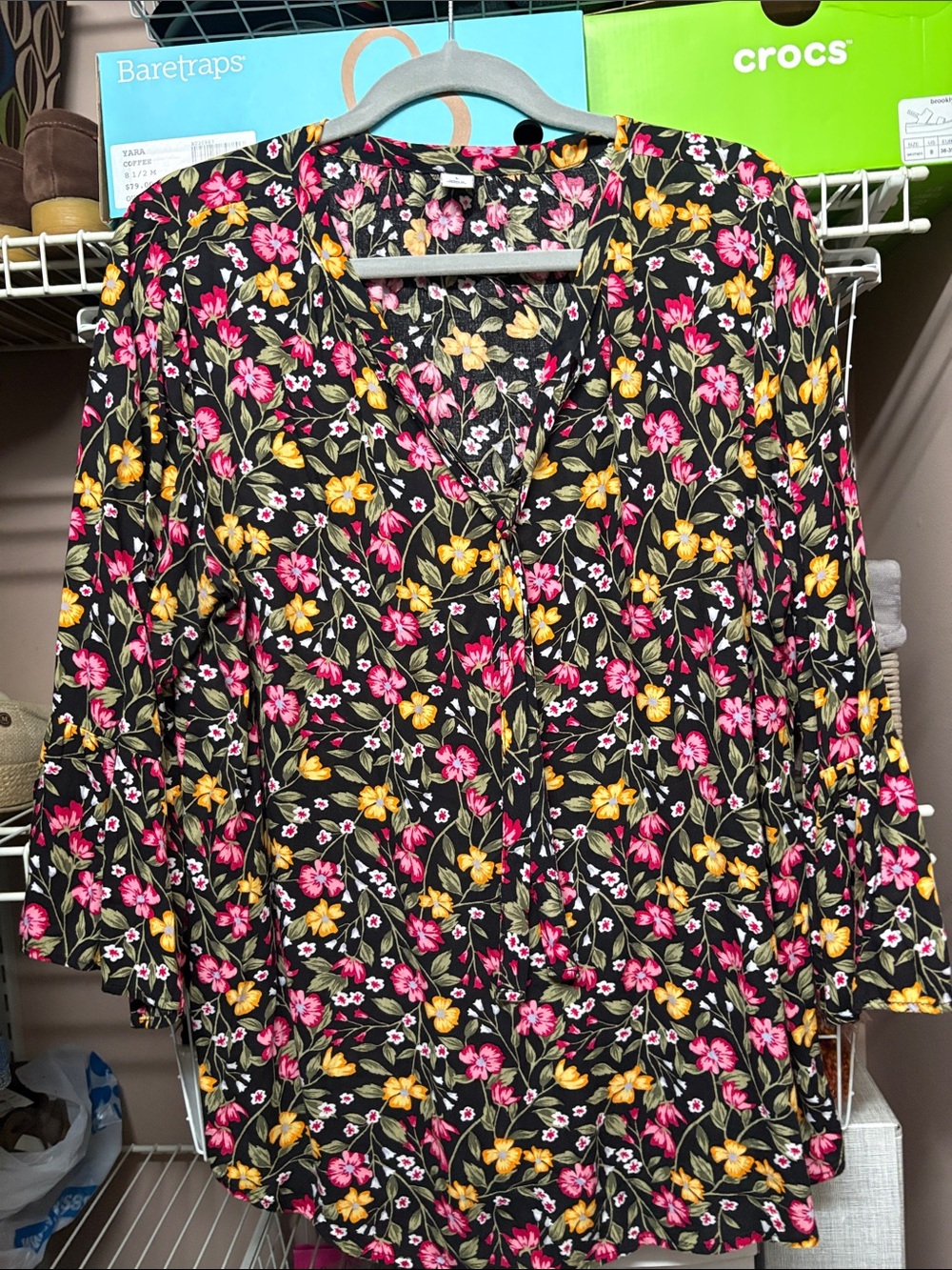 Old Navy Black Floral V-Neck Tunic with Pink & Yellow Flowers